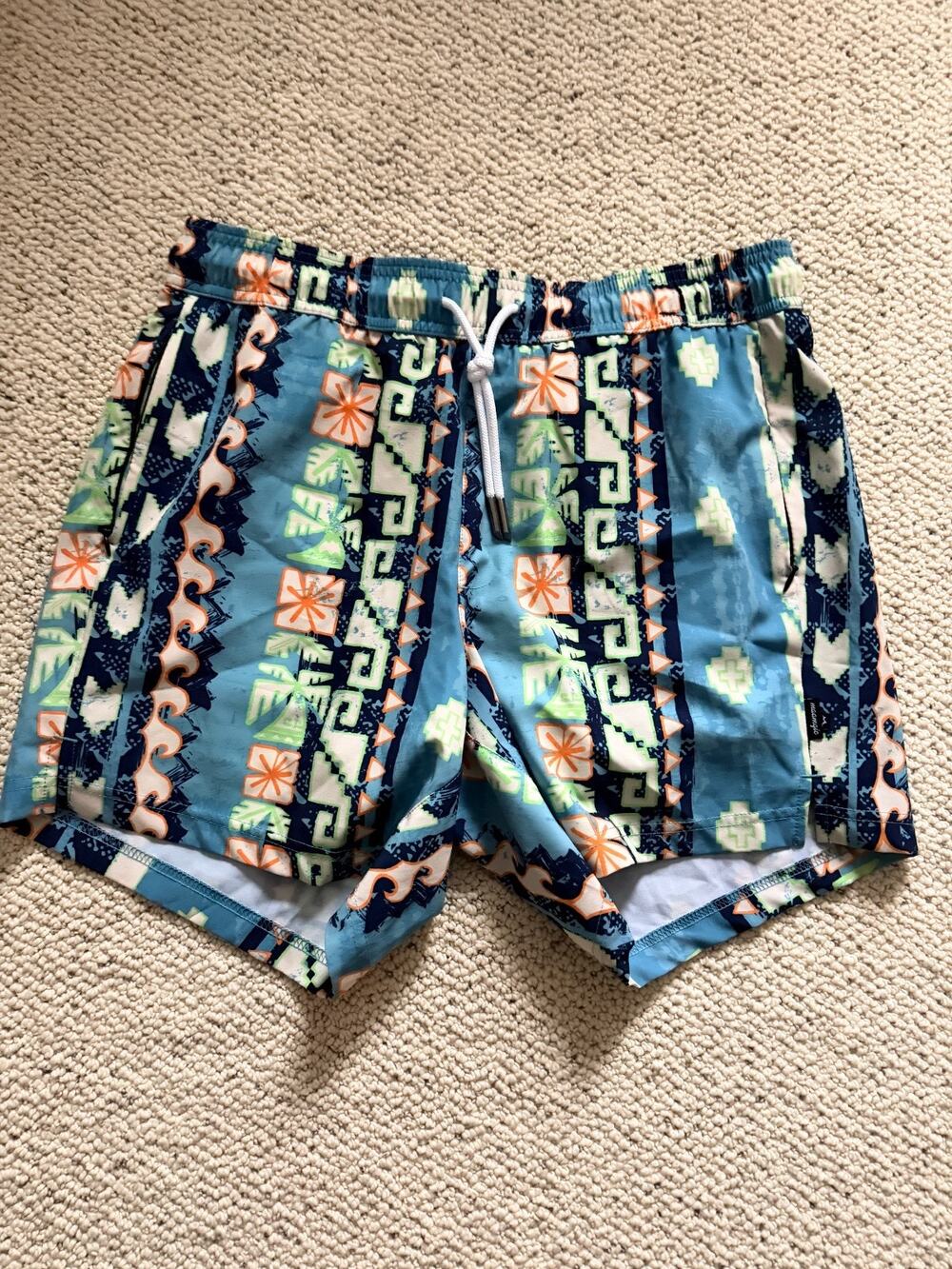 Maamgic Mens Swim Trunks Medium Blue Retro Tribal 5 Inseam Compression Liner